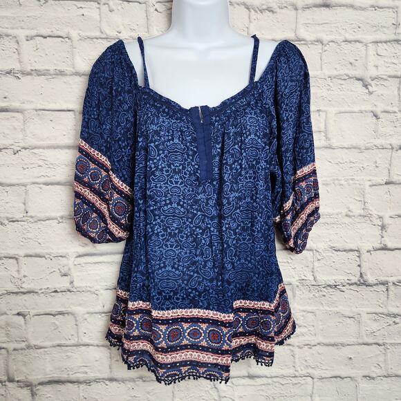 Japna Top Womens Size Small Cold Shoulder Boho Blue - Picture 1 of 14